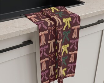 Hand Drawn Bright Bows Waffle Weave Tea Towel | Coquette Bow Ribbon Pattern