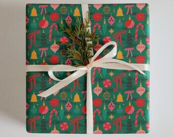 Retro Baubles and Bows Wrapping Paper Sheets | Illustrated Christmas Ornaments Giftwrap | 3 Sheets