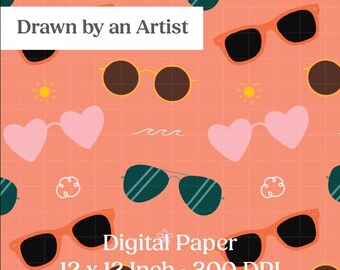 Sunglasses Digital Paper, Beach Scrapbook, Sunnies Fabric Print, Illustrated Summer Pattern, 12x12 Inch PNG