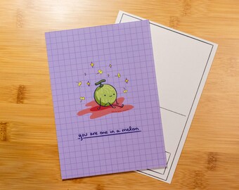 You are One in a Melon Postcard Print // Art Print // Gift // Pun // Cute // Punny // Melon // Fruit // Positivity Pun