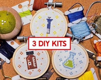 3 Minis Cross Stitch Kit - Chemistry // Laboratory // Lab Gift // Biology // Pipette // Science // Flask // Reagent