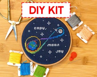 Cross Stitch Kit - Copy, Moon Joy // Artemis II // Astronomy Gift // Astro Sciences // Science //