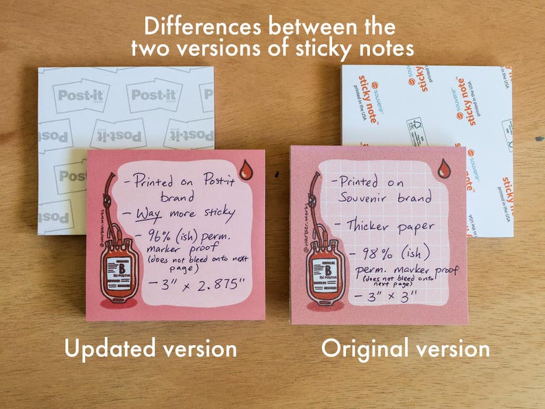 May include: Comparison of two sticky note versions. The updated version is printed on Post-it brand, way more sticky, and 3" x 2.875". The original version is printed on Souvenir brand, thicker paper, and 3" x 3".