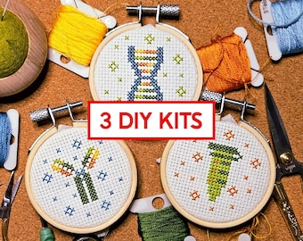 3 Minis Cross Stitch Kit - Molecular Level // Laboratory // Lab Gift // Biology // DNA // Science // Immunoglobulin