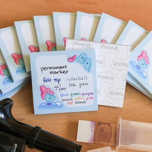 May include: A collection of light blue Post-it notes with a cartoon design, some stacked and some spread out. One note has handwritten text listing pen types and colors. A black instrument and a clear container are also visible.