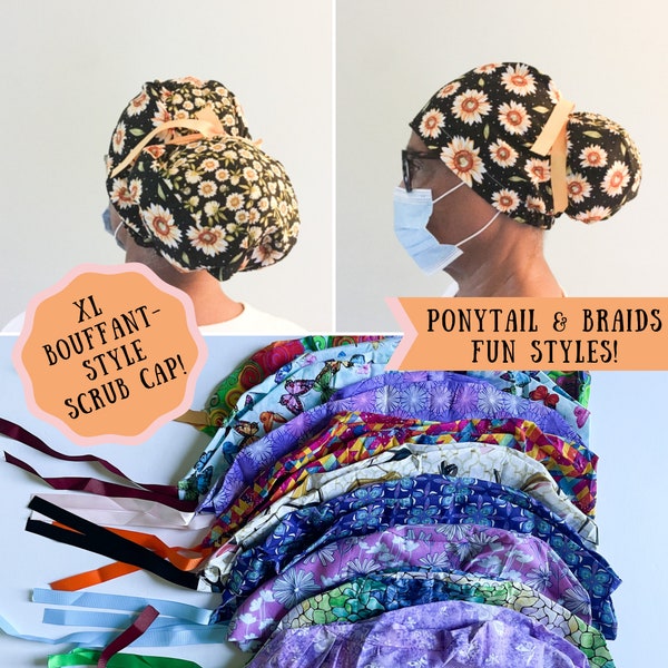 Ponytail scrub cap | Handmade Extra Large adjustable | bouffant cap for ponytails, buns, & braids | hair covering dental | soft scrub cap