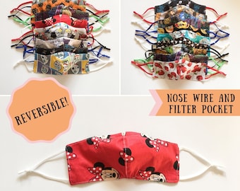 Kids Cotton Face Mask | Washable Reusable Reversible Children’s Masks | Nose Wire Filter Pocket | Youth Mask Face Cover | Girl Boy Age 3-10