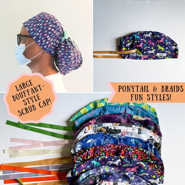 Ponytail scrub cap | Medical hair covering | washable | bouffant style surgical cap for braids | dental scrub cap | hair covering for nurse