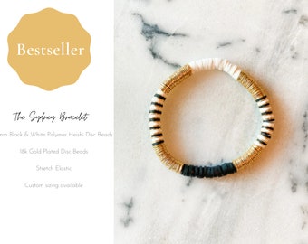 Beaded Bracelet | Stacking Bracelet | 6mm Heishi Beads | Black, White, Gold Plated Heishi Bead + Gold Plated Beads | The Sydney Bracelet