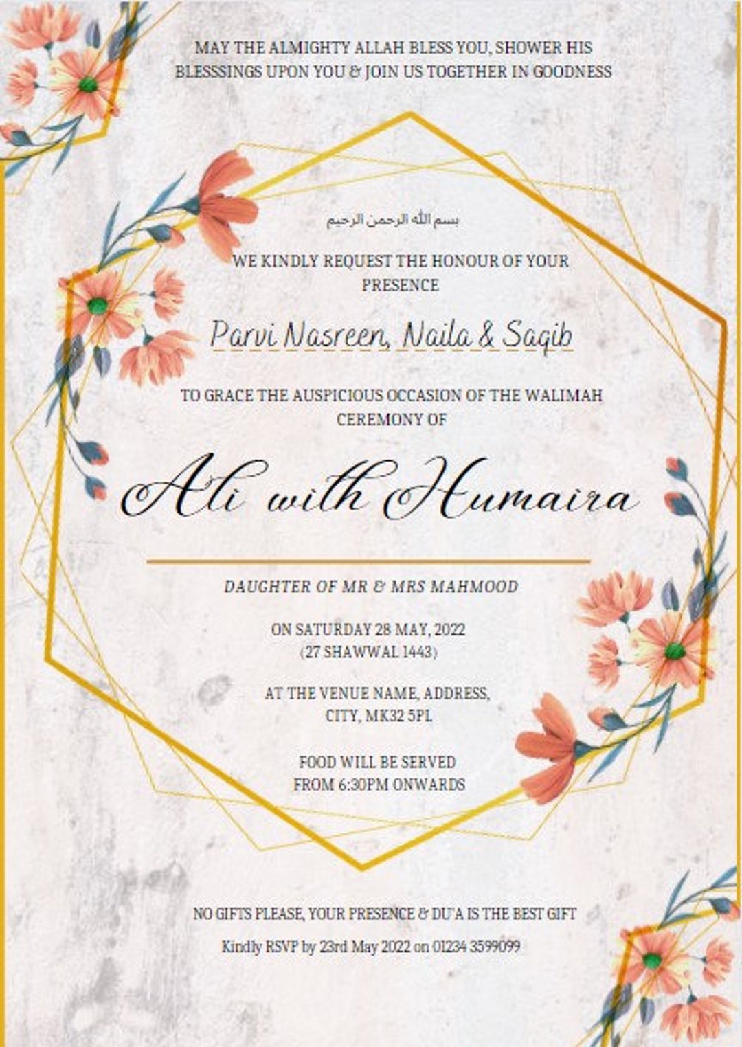 Walima Invitation Wedding/ceilidh/nikah/marriage/walimah Ceremony