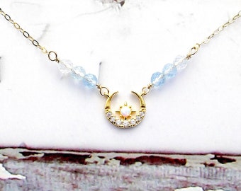 Aquamarine Moon Necklace, Crystal Moon Necklace, Aquamarine Jewelry Choker, Birthstone Moon Necklace, Gold