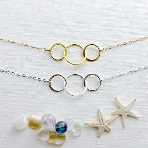 Three Circle Necklace, Gold Filled or Sterling Silver Chain, Interlocking Irregular Rings,