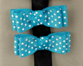Double-pronged Hair Clip Pair, Aqua Blue Mini Polka-Dot Double Bows