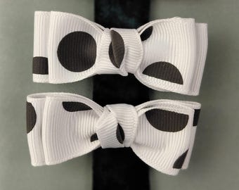 Double-pronged Hair Clip Pair, White and Black Polka-Dot Double Bows