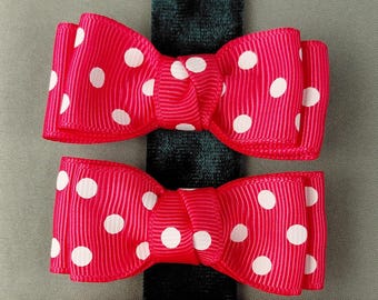Double-pronged Hair Clip Pair, Hot Pink Polka-Dot Double Bows