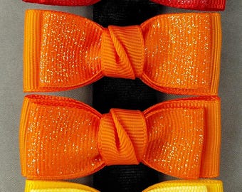 Double-pronged Hair Clip Pair, Orange Sparkle Double Bows