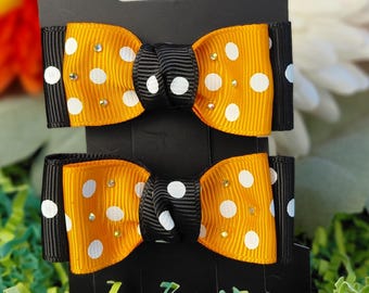 Double-pronged Hair Clip Pair, Black and Orange Polka-Dot,  Halloween Bows