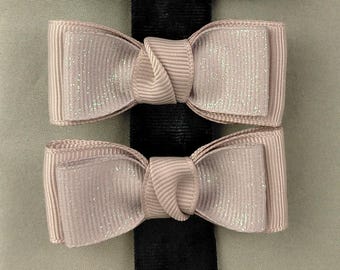 Double-pronged Hair Clip Pair, Silver Gray Sparkle Double Bows