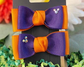 Double-pronged Hair Clip Pair, Purple and Orange, Hidden Mickey Inspired Halloween Bows
