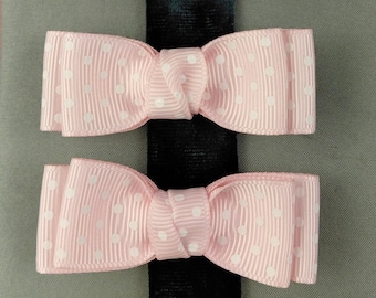 Double-pronged Hair Clip Pair, Baby Pink Mini Polka-Dot Double Bows