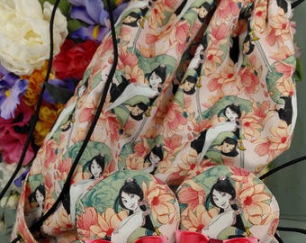 Drawstring Bag and Matching Clip-in Mouse Ears, Mulan and Mushu in Cherry Blossoms