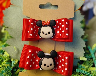 Double-pronged Hair Clip Pair, Red and White Polka-dot Ribbon, Baby Magical Mice