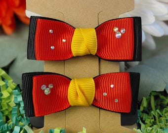 Double-pronged Hair Clip Pair, Red and Black,  Mickey Inspired Bows