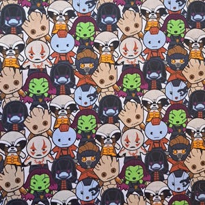 May include: A white background with a repeating pattern of cartoon characters from the Guardians of the Galaxy movie. The characters include Groot, Rocket Raccoon, Gamora, Drax, and Star-Lord. The characters are all in different poses and expressions.