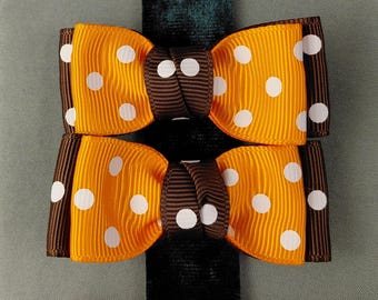 Double-pronged Hair Clip Pair, Orange and Brown Polka-Dot Double Bows