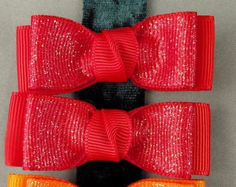 Double-pronged Hair Clip Pair, Red Sparkle Double Bows