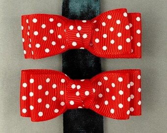 Double-pronged Hair Clip Pair, Red Mini Polka-Dot Double Bows