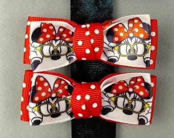 Double-pronged Hair Clip Pair, Minnie with Big Glasses Double Bows