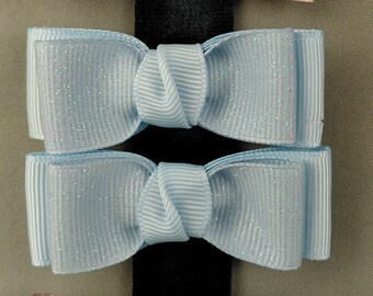 Double-pronged Hair Clip Pair, Light Blue Sparkle Double Bows
