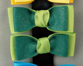 Double-pronged Hair Clip Pair, Light Green and Green Sparkle Double Bows