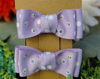 Double-pronged Hair Clip Pair, Lavender Polka-Dot Ribbon, Daisy Inspired