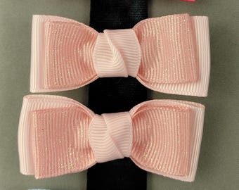 Double-pronged Hair Clip Pair, Light Pink Sparkle Double Bows