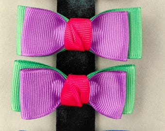 Double-pronged Hair Clip Pair, Ariel the Little Mermaid Inspired Green, Purple and Red Double Bows