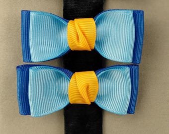 Double-pronged Hair Clip Pair, Donald Duck Inspired Blue and Yellow Double Bows