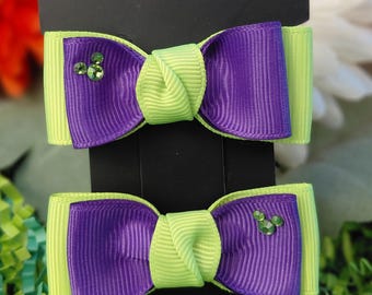 Double-pronged Hair Clip Pair, Bright Green and Purple,  Halloween Party Bows