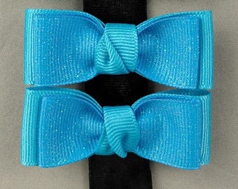 Double-pronged Hair Clip Pair, Blue Sparkle Double Bows