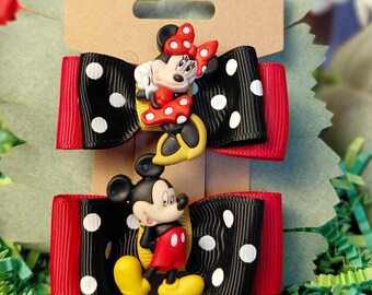 Double-pronged Hair Clip Pair, Red and Black polka-dot Ribbon, Classic Magical Mice