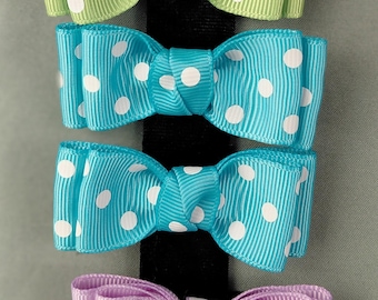 Double-pronged Hair Clip Pair, Aqua Blue Polka-Dot Double Bows