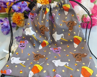 Mickey & Minnie Halloween Treats Drawstring Backpack, Lined Cotton Bag
