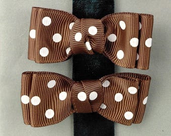 Double-pronged Hair Clip Pair, Chocolate Brown Polka-Dot Double Bows