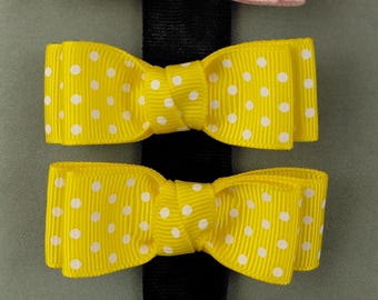 Double-pronged Hair Clip Pair, Yellow Mini Polka-Dot Double Bows