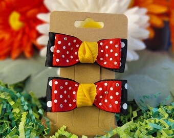 Double-pronged Hair Clip Pair, Black and Red Polka-Dot, Minnie Inspired Bows
