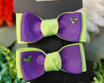 Double-pronged Hair Clip Pair, Purple and Bright Green,  Halloween Party Bows