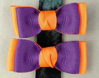 Double-pronged Hair Clip Pair, Purple and Orange Halloween Double Bows