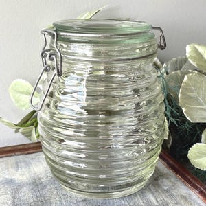 Vintage Beehive Glass Jar with Metal Clamp Locking Lid ~ Honey Jar ~ Ribbed Glass Pantry Canister