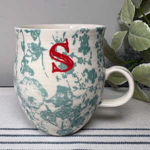 Anthropologie Coffee Mug ‘S’ Monogram Mug Green Botanical Cup Birthday Gift S Initial Mug image 1
